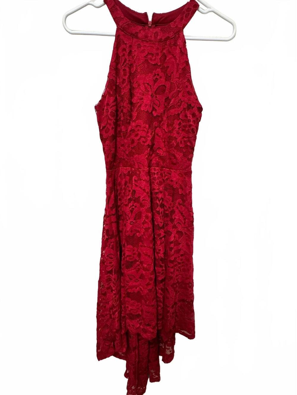 Dressystar Dark Red Floral Lace High-Low Halter Neck Formal Dress Size S